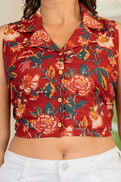 Floral Printed Sleeveless Cotton Crop Top