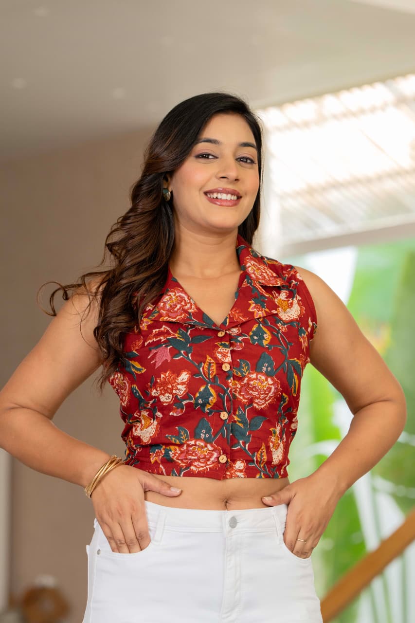 Floral Printed Sleeveless Cotton Crop Top
