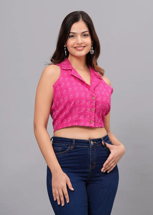 Subtle ikat-inspired prints Sleeveless Cotton Crop Top