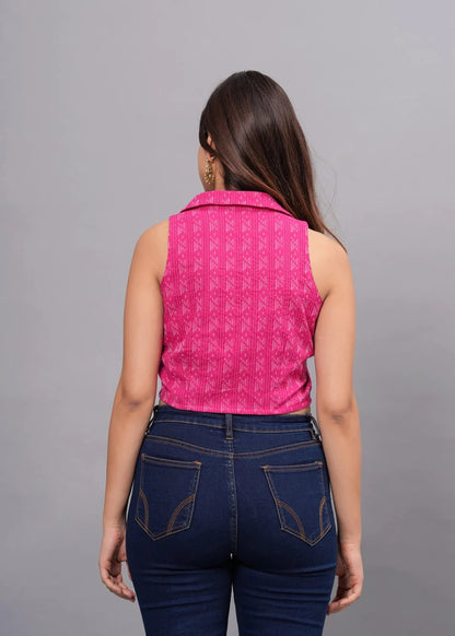 Subtle ikat-inspired prints Sleeveless Cotton Crop Top