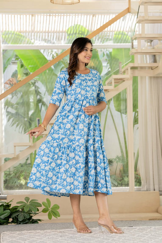 Women’s Blue Floral Cotton Midi Dress
