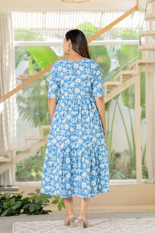 Women’s Blue Floral Cotton Midi Dress
