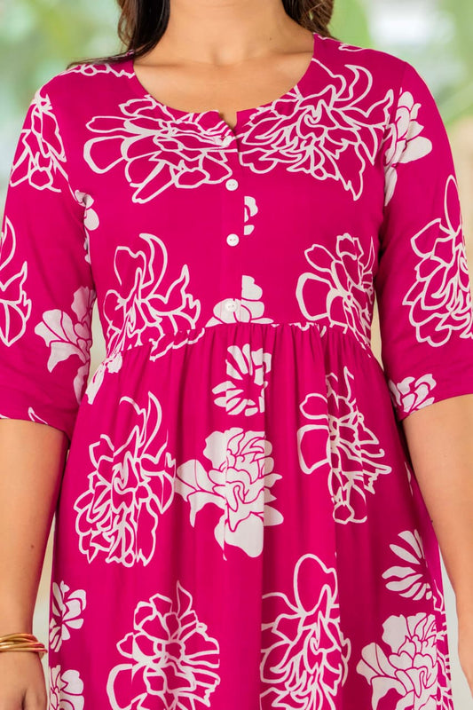 Magenta Floral Button-Down Midi Dress