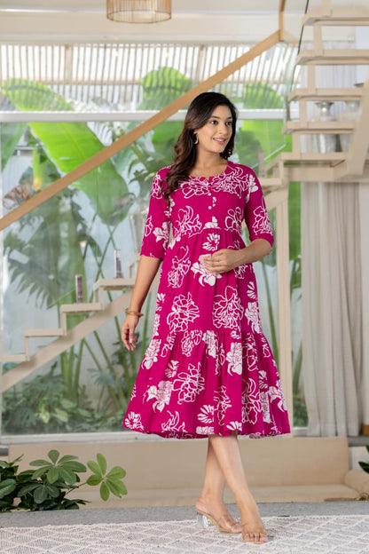 Magenta Floral Button-Down Midi Dress