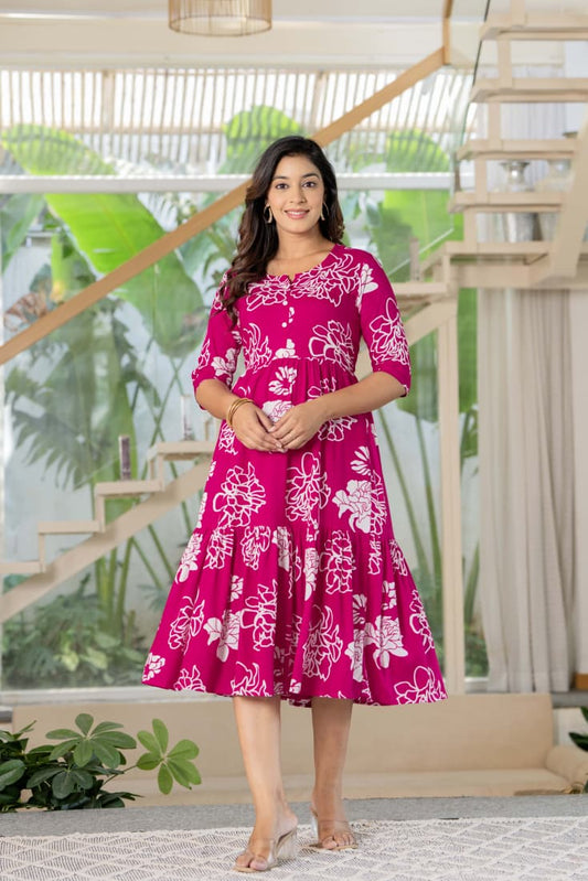 Magenta Floral Button-Down Midi Dress