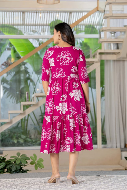 Magenta Floral Button-Down Midi Dress