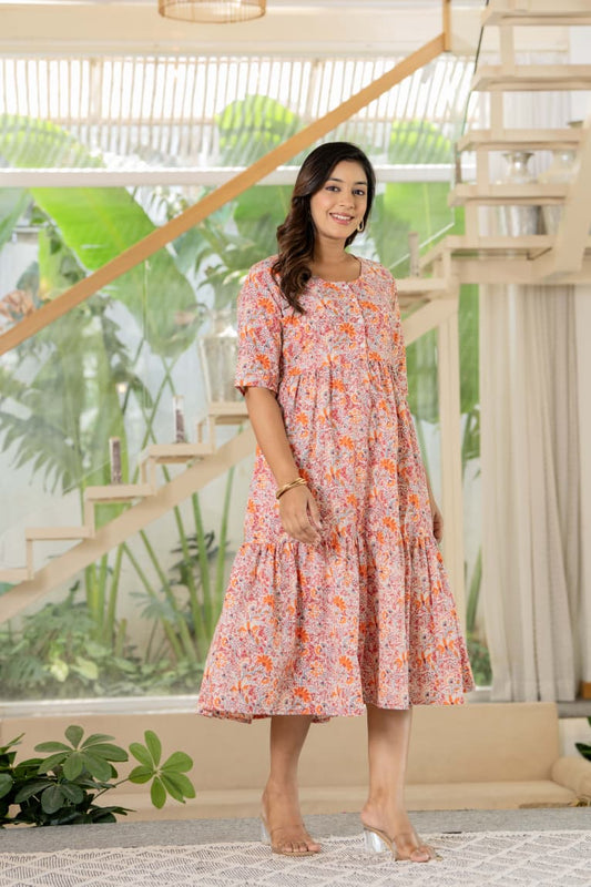 Peach-Pink Floral Cotton Midi Dress with Front Buttons