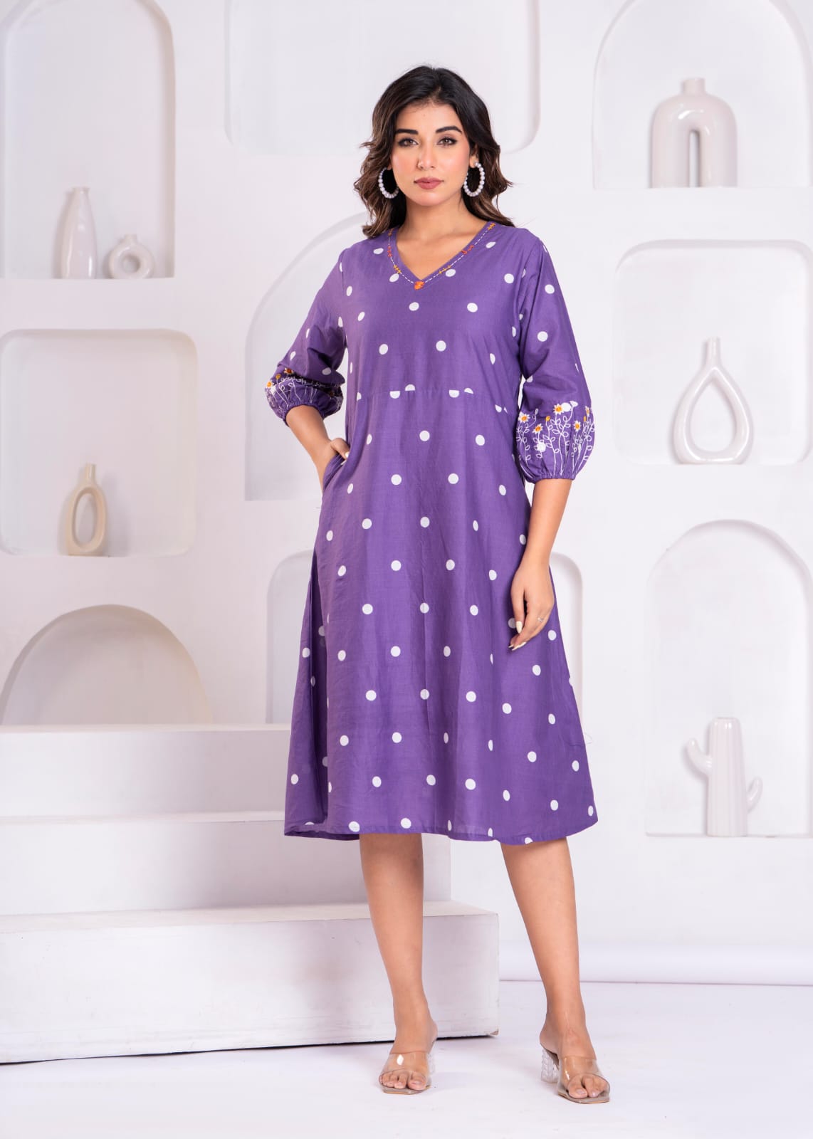 Elegant Purple Polka Dot A-Line Dress
