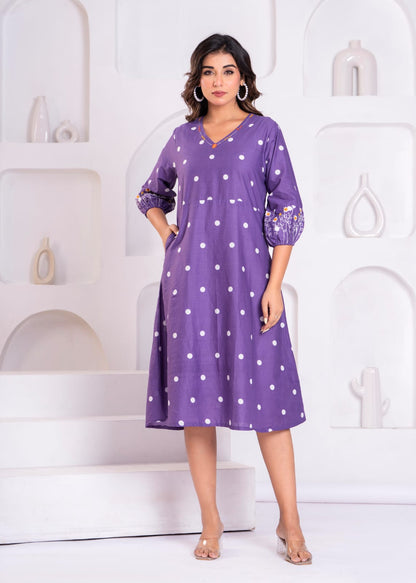 Elegant Purple Polka Dot A-Line Dress