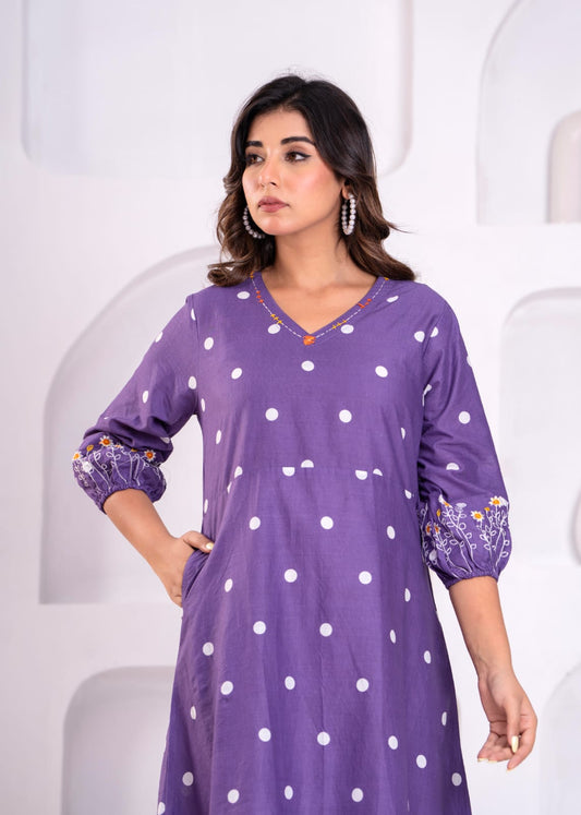 Elegant Purple Polka Dot A-Line Dress
