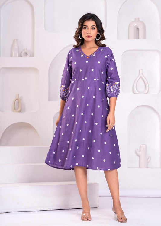 Elegant Purple Polka Dot A-Line Dress