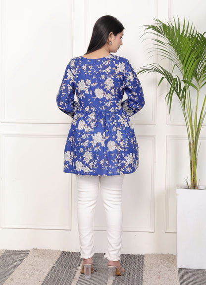 Purple Floral Print Peplum Kurti Top with Side Tie-Ups