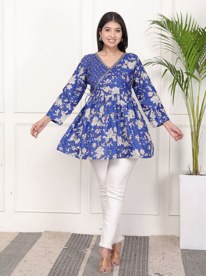 Purple Floral Print Peplum Kurti Top with Side Tie-Ups