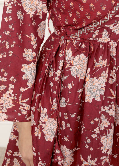 Purple Floral Print Peplum Kurti Top with Side Tie-Ups