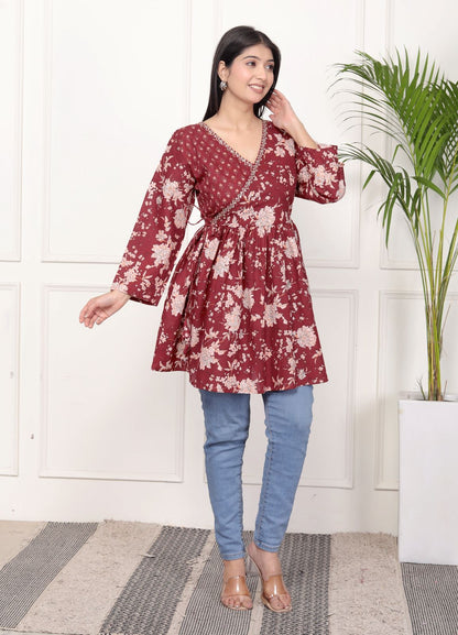 Purple Floral Print Peplum Kurti Top with Side Tie-Ups