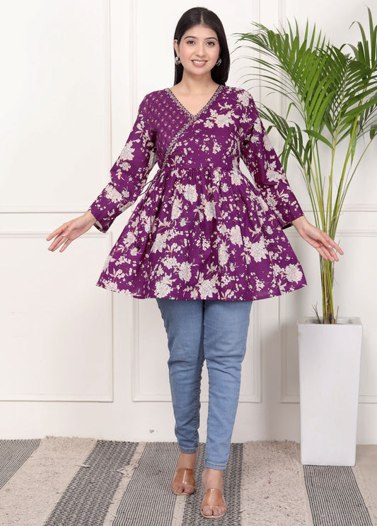 Purple Floral Print Peplum Kurti Top with Side Tie-Ups