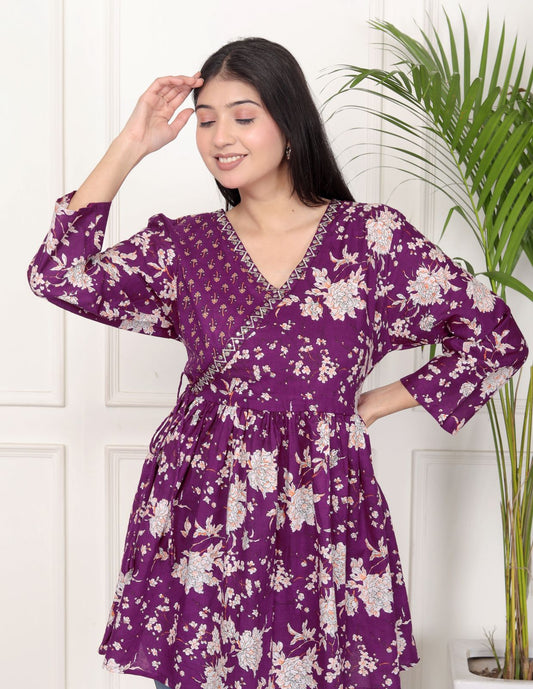 Purple Floral Print Peplum Kurti Top with Side Tie-Ups