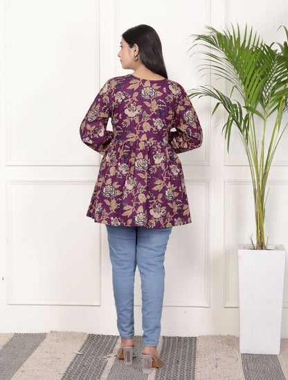 Purple Floral Print Peplum Kurti Top with Side Tie-Ups