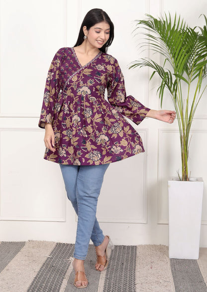 Purple Floral Print Peplum Kurti Top with Side Tie-Ups