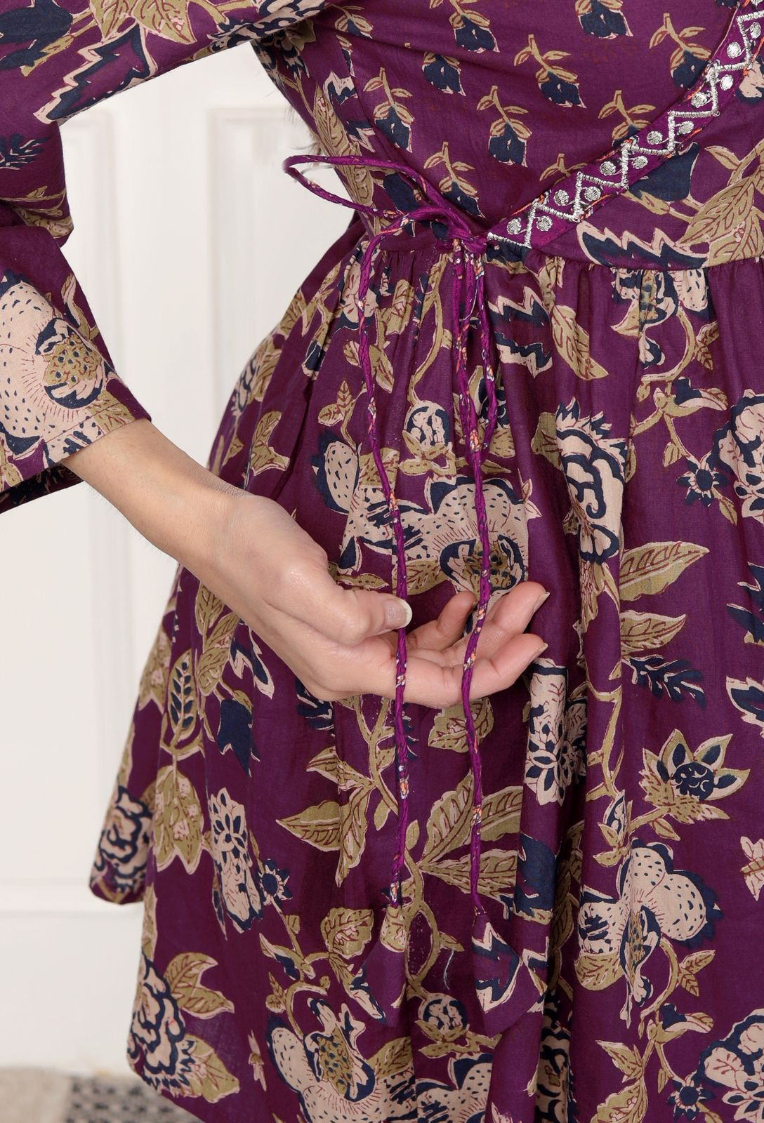 Purple Floral Print Peplum Kurti Top with Side Tie-Ups
