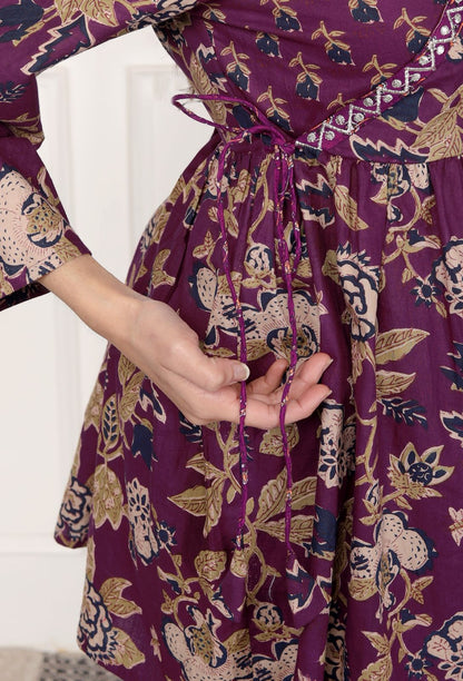 Purple Floral Print Peplum Kurti Top with Side Tie-Ups