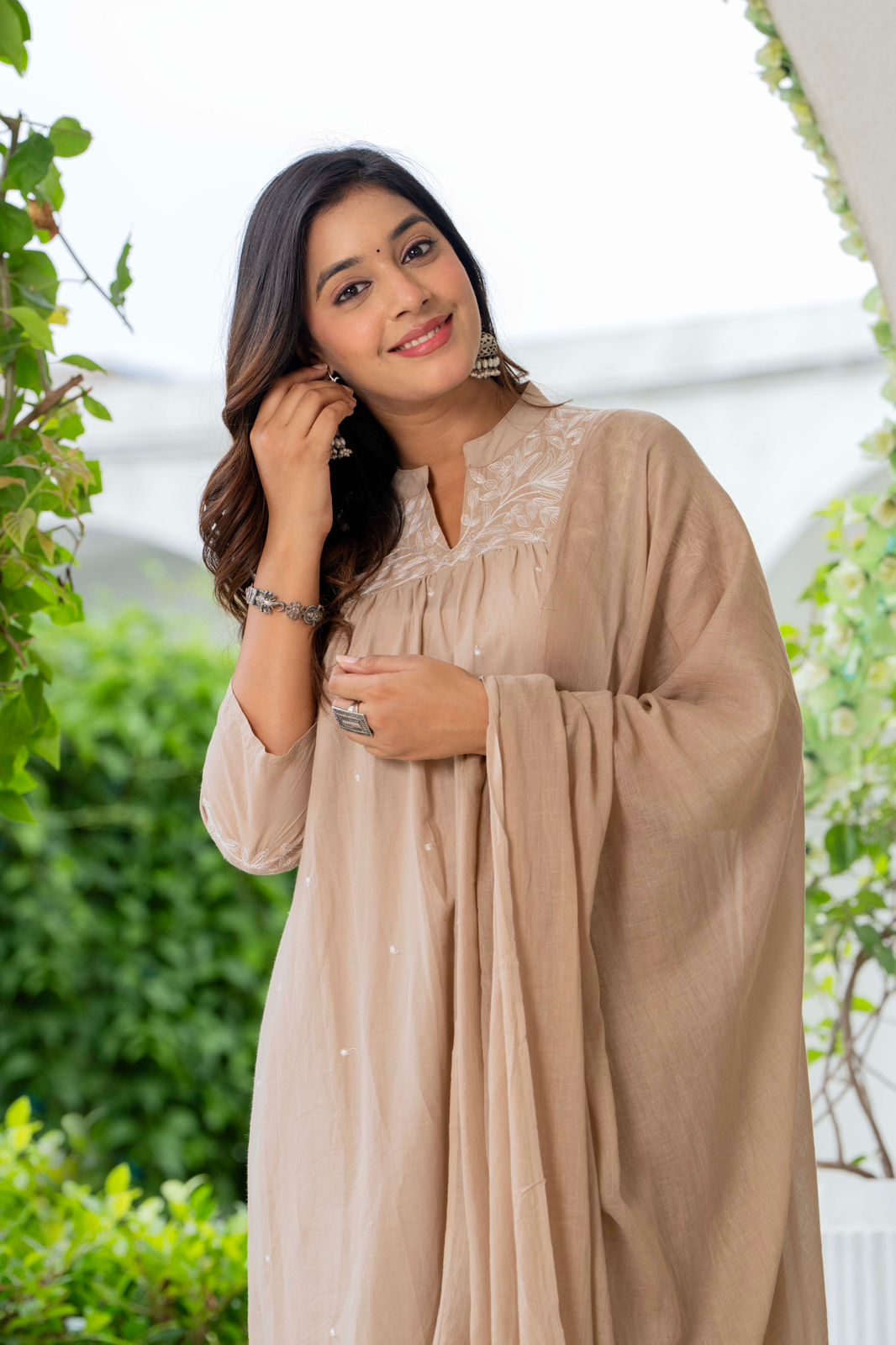 Elegant Beige Embroidered Suit Set with Dupatta