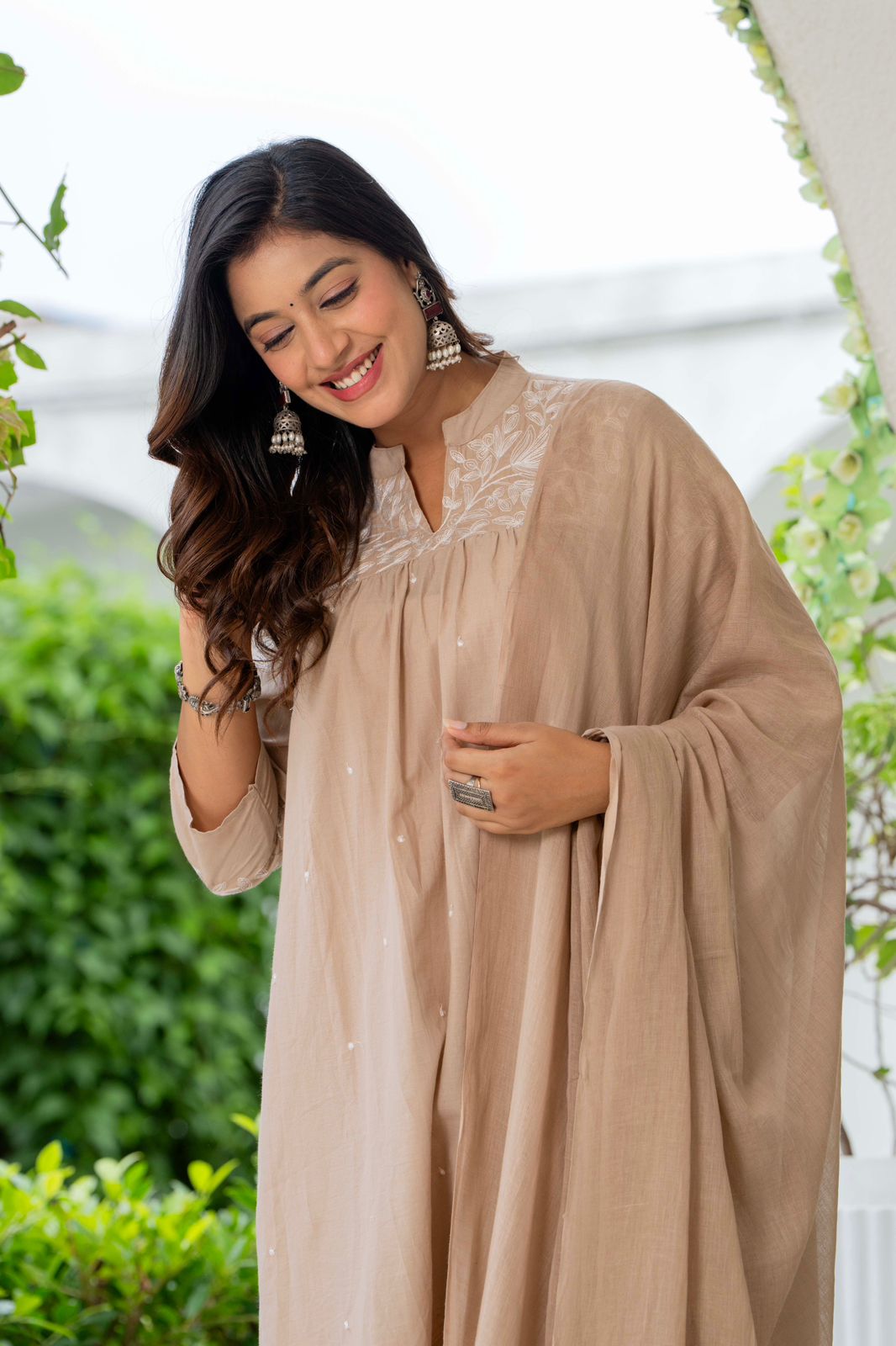 Elegant Beige Embroidered Suit Set with Dupatta