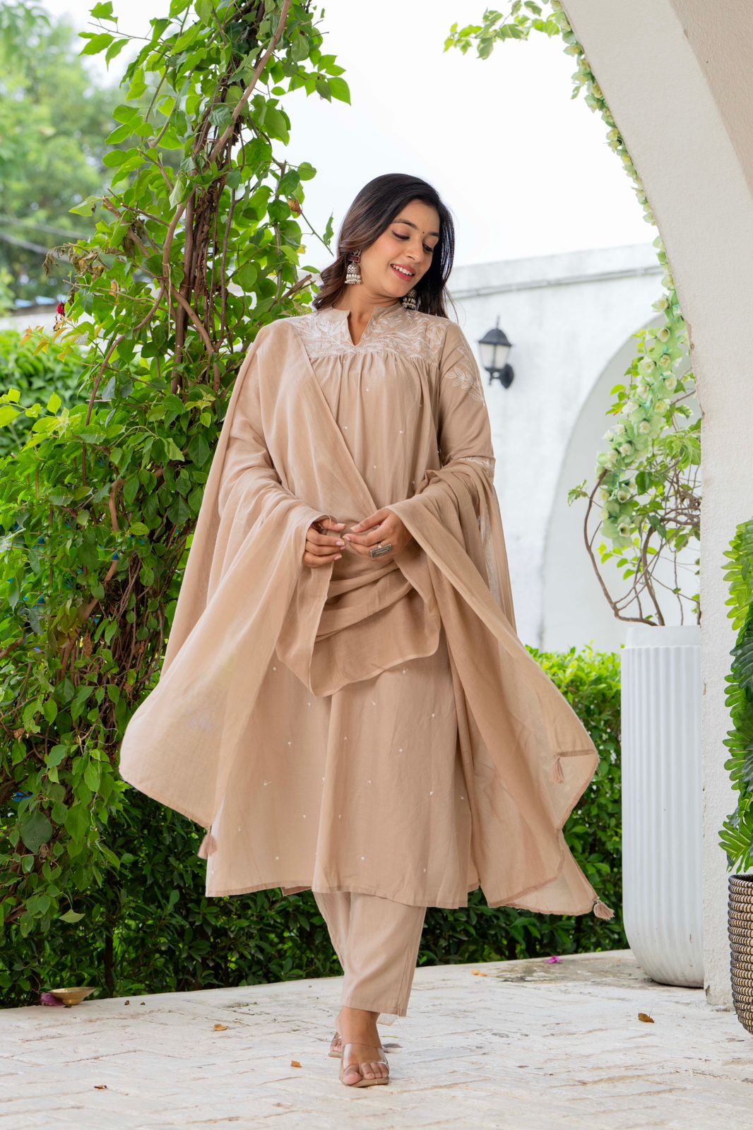 Elegant Beige Embroidered Suit Set with Dupatta