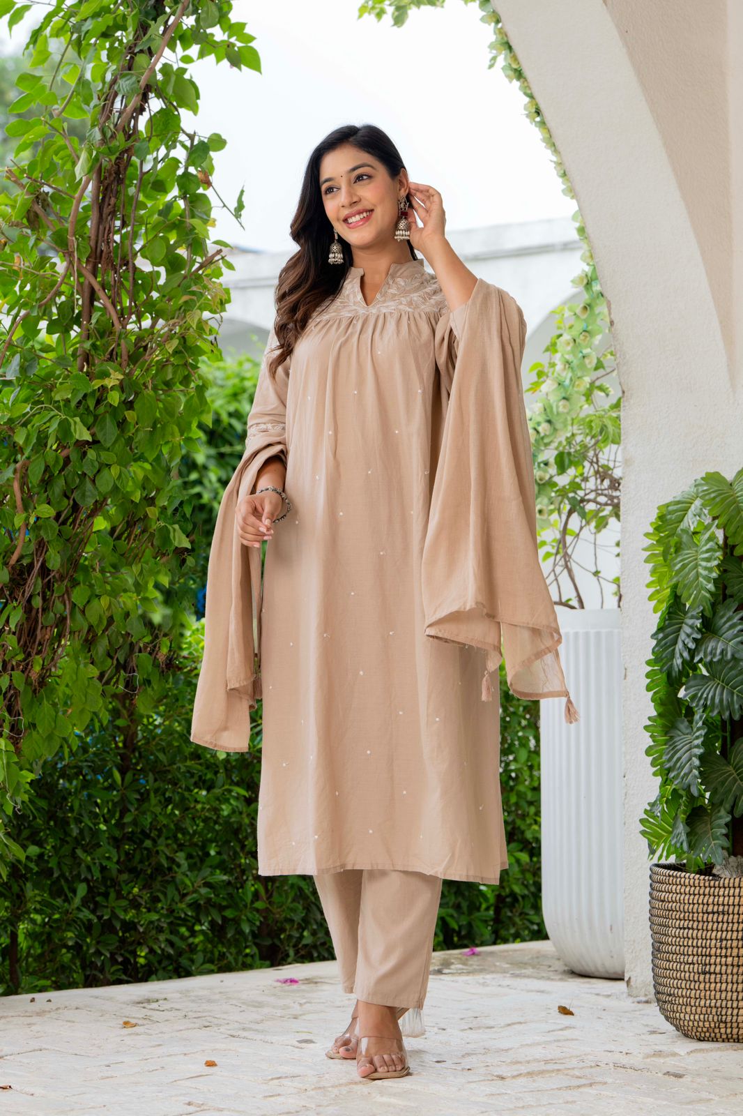 Elegant Beige Embroidered Suit Set with Dupatta
