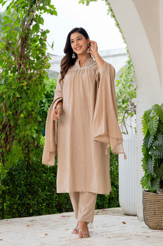 Elegant Beige Embroidered Suit Set with Dupatta