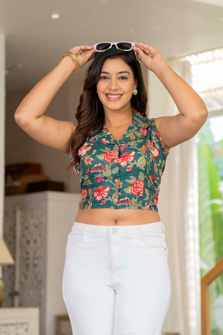 Floral Printed Sleeveless Cotton Crop Top