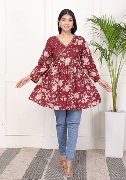 Purple Floral Print Peplum Kurti Top with Side Tie-Ups